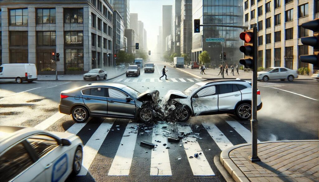 A realistic urban car accident scene depicting a side-impact collision between a sedan and a compact SUV at an intersection. The surrounding area features modern buildings, crosswalks, and a few pedestrians observing from a distance. The damage to the vehicles is minor to moderate, with the scene appearing calm and minimal debris visible. The sky is clear, and it is daytime.