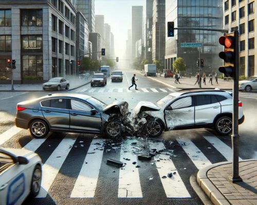 A realistic urban car accident scene depicting a side-impact collision between a sedan and a compact SUV at an intersection. The surrounding area features modern buildings, crosswalks, and a few pedestrians observing from a distance. The damage to the vehicles is minor to moderate, with the scene appearing calm and minimal debris visible. The sky is clear, and it is daytime.