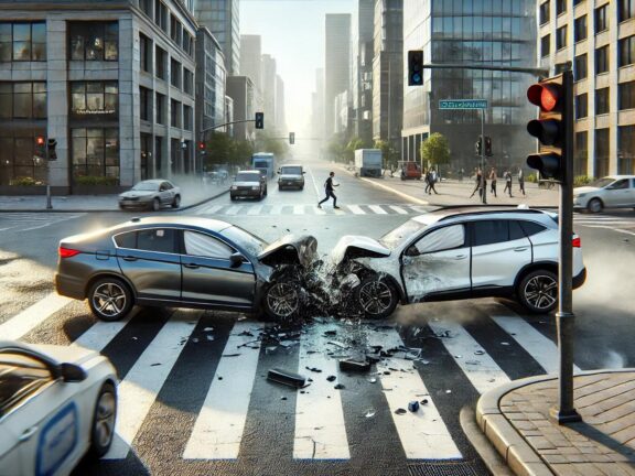 A realistic urban car accident scene depicting a side-impact collision between a sedan and a compact SUV at an intersection. The surrounding area features modern buildings, crosswalks, and a few pedestrians observing from a distance. The damage to the vehicles is minor to moderate, with the scene appearing calm and minimal debris visible. The sky is clear, and it is daytime.