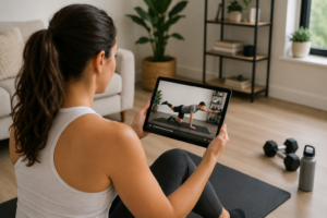an image of patient looking at online exercise rehabilitation program from the comfort of her home